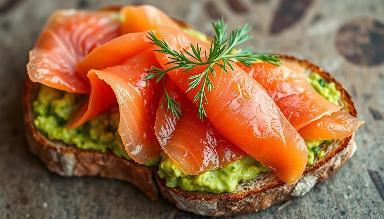 A mouth-watering arrangement of thick-sliced, artisanal sourdough bread, gently toasted to a golden hue. Atop the crisp surface, a generous layer of luscious, creamy avocado mash, adorned with delicate slices of smoked salmon in rich hues of pink and orange. The salmon is arranged in an eye-catching, overlapping pattern, complemented by a scattering of fresh dill sprigs, their vibrant green hues adding a touch of freshness. The entire composition is bathed in soft, natural lighting, highlighting the interplay of textures and colors, creating an inviting and appetizing scene that evokes the luxurious elegance of an elevated brunch dish.