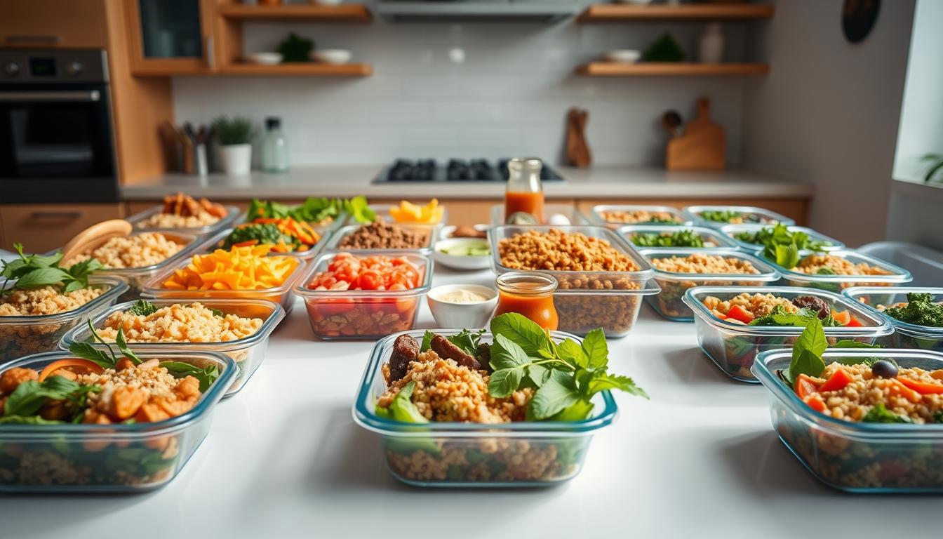 A bountiful table showcasing an array of mix-and-match meal prep options. In the foreground, an assortment of colorful containers filled with various proteins, grains, and vegetables, arranged in a visually appealing manner. In the middle ground, a selection of complementary sauces, dressings, and seasonings, suggesting the flexibility to customize each meal. The background features a clean, minimalist kitchen counter, bathed in warm, natural lighting that highlights the fresh, vibrant ingredients. The overall atmosphere is one of organized efficiency, inspiring the viewer to envision the ease of assembling a week's worth of nourishing, personalized lunches.