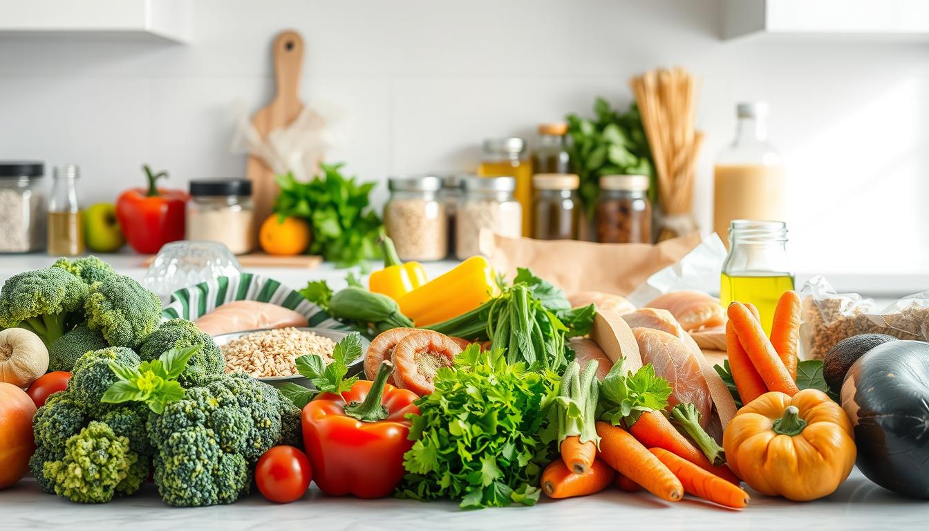 A well-lit, modern kitchen counter with a variety of fresh, high-quality ingredients arranged artfully. In the foreground, a selection of colorful vegetables like broccoli, bell peppers, and carrots, alongside lean protein sources such as chicken breasts and salmon fillets. In the middle ground, whole grains like quinoa, brown rice, and whole-wheat pasta, complemented by jars of spices, herbs, and healthy oils. In the background, a crisp, clean backdrop accentuates the natural tones and textures of the ingredients, creating a visually appealing and appetizing scene. The lighting is soft and natural, highlighting the freshness and vibrancy of the produce. The overall atmosphere conveys a sense of organization, efficiency, and a commitment to healthy, homemade meal preparation.