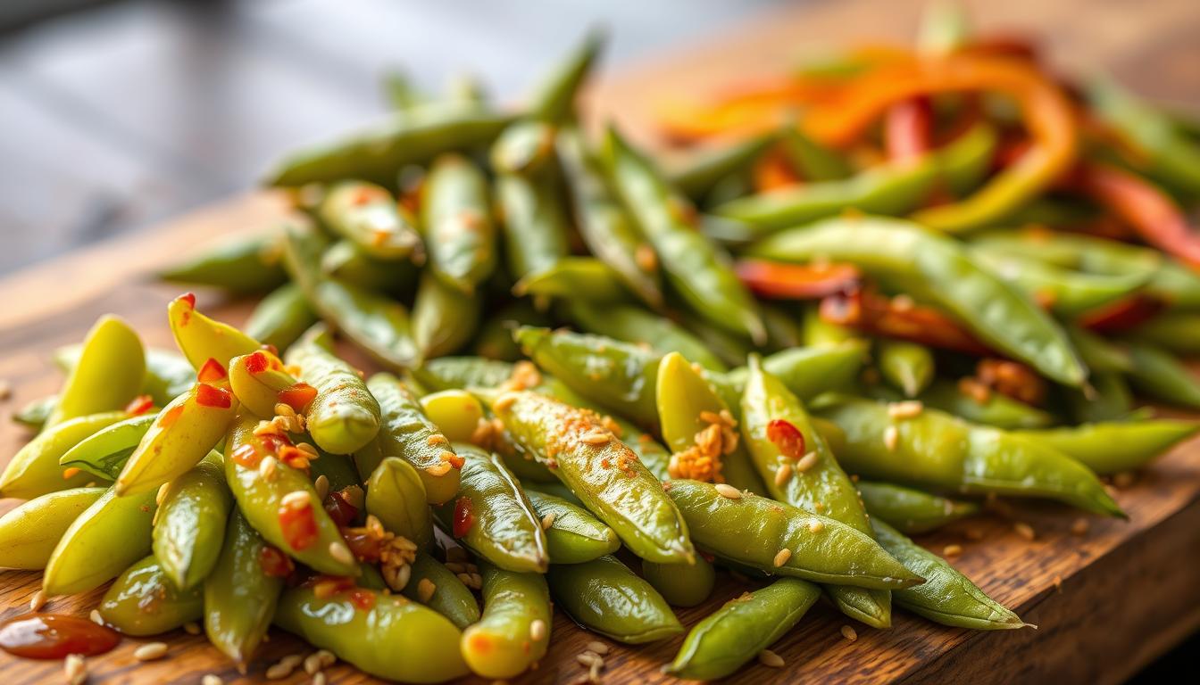 A vibrant arrangement of freshly steamed edamame pods in various flavors, artfully displayed on a rustic wooden board. In the foreground, a handful of edamame glistening with a light coating of spicy teriyaki sauce, complemented by a scattering of toasted sesame seeds. In the middle ground, several pods seasoned with a zesty lemon-garlic mixture, their vibrant green hues contrasting against the warm, earthy tones of the wood. In the background, a few edamame pods tossed with a fragrant chili-lime seasoning, their fiery red hues adding a dynamic visual interest. The lighting is soft and natural, highlighting the succulent textures and inviting the viewer to imagine the burst of flavors. Captured with a shallow depth of field, the image exudes a sense of artisanal charm and culinary creativity.