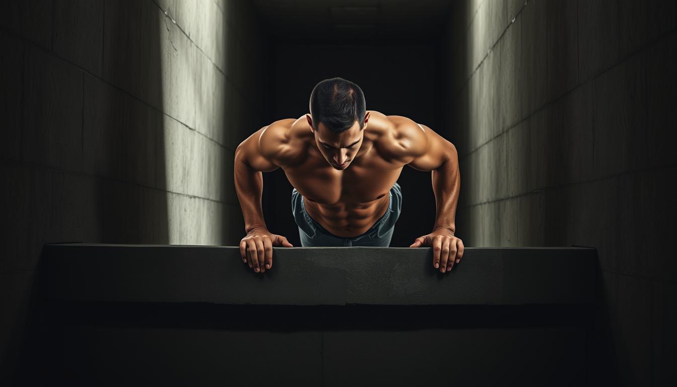 A shirtless inmate performing dips on a concrete ledge, their muscular physique silhouetted against the dim, shadowy backdrop of a grim prison cell. Harsh overhead lighting casts dramatic shadows, accentuating the defined contours of their arms and chest as they push through the exercise. The cramped, austere environment conveys a sense of determination and resilience, the inmate's bodyweight training a means of reclaiming physical and mental strength within the confines of their confined space.