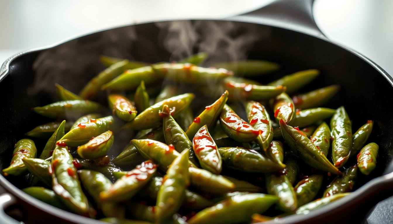 A steaming skillet filled with glistening teriyaki-glazed edamame, the salty-sweet aroma wafting through the air. In the foreground, the vibrant green pods sit nestled in a cast-iron pan, their surfaces caramelized from a quick sauté. Soft lighting casts warm highlights, drawing the eye to the sizzling, tempting display. The background fades into a subtly blurred, neutral setting, allowing the star of the show - the teriyaki edamame - to take center stage. Captured at a slight angle, the image suggests a homemade, effortless preparation, perfect for an easy weeknight meal or appetizer.