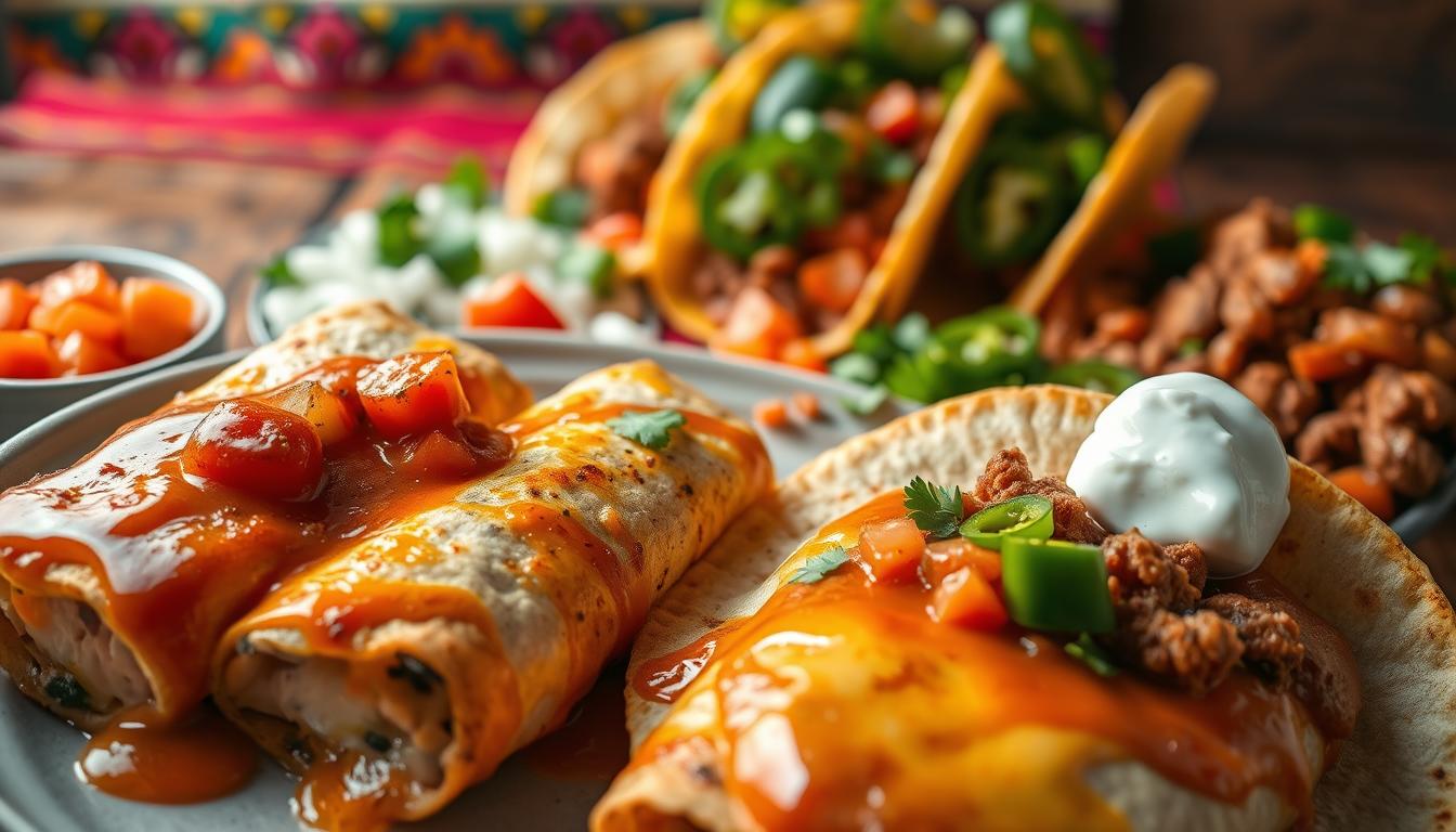A vibrant still life capturing the essence of international flavors. In the foreground, freshly grilled spicy enchiladas drizzled with a tangy chili-lime sauce, their crisp tortillas and melted cheese glistening under warm lighting. Alongside, crunchy taco shells are stuffed with flavorful seasoned ground beef, diced tomatoes, and a dollop of cool sour cream. In the middle ground, a selection of bright, fresh toppings - diced onions, chopped cilantro, and sliced jalapeños - await to be sprinkled over the dishes. The background features a rustic wooden table with a colorful Mexican-inspired textile, setting the scene for this delectable culinary fusion. Shooting from a low angle with a shallow depth of field to draw the viewer's eye to the tantalizing details.