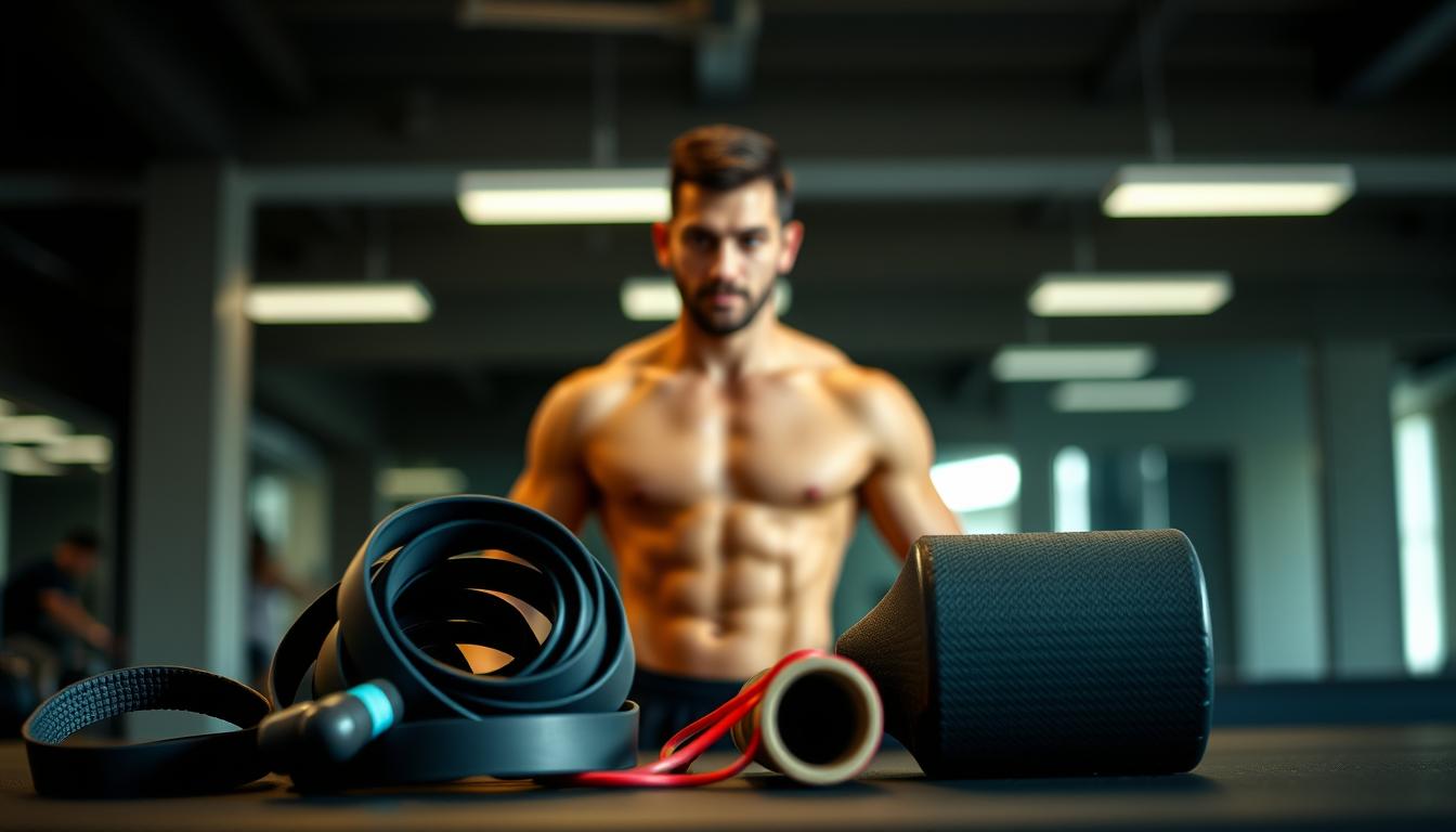 A dynamic fitness routine unfolds, centered on a tailored warm-up plan. In the foreground, a muscular athlete stands poised, preparing for their workout. Warm-up equipment, including resistance bands and a foam roller, are neatly arranged, ready to be utilized. The middle ground showcases the athlete's focused expression, conveying their dedication to the process. The background is softly blurred, emphasizing the importance of the warm-up as the foundation for a successful training session. Soft, directional lighting illuminates the scene, creating a sense of energy and intention. The overall atmosphere is one of precision, purpose, and a commitment to optimizing physical performance.