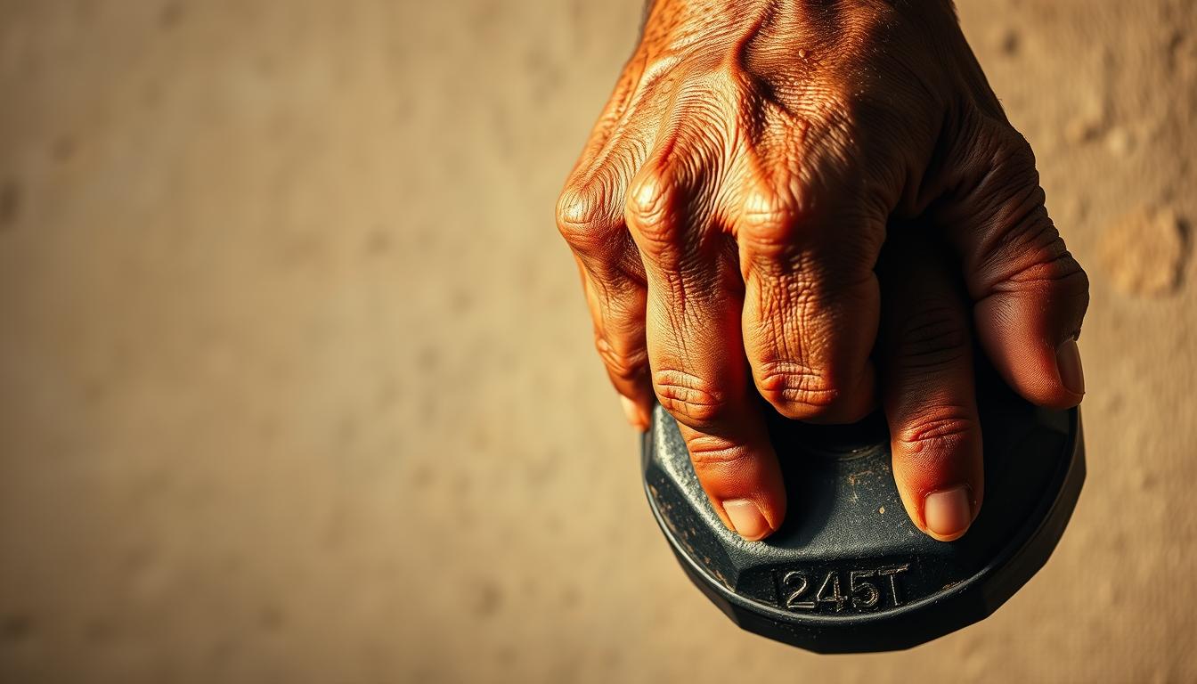 A close-up of weathered, calloused hands grasping a heavy dumbbell against a plain, textured backdrop. Warm, directional lighting casts dramatic shadows, emphasizing the intricate patterns and strength of the fingers. The hands convey a sense of resilience, longevity, and the accumulated wisdom of a lifetime of physical labor. The image evokes the connection between a powerful grip and extended healthy lifespan, a visual metaphor for the article's subject.
