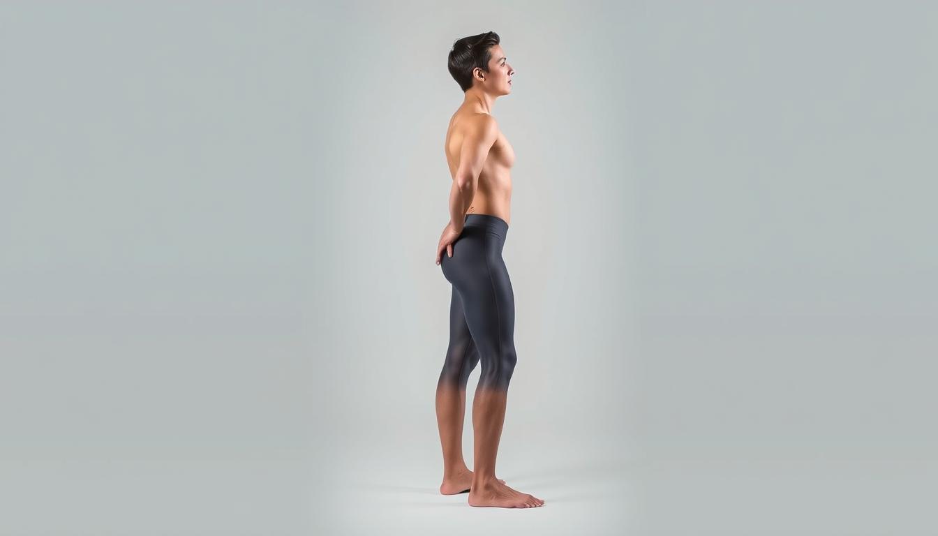 A person in a relaxed, neutral spine position, standing upright with shoulders back and chest slightly lifted. The body is in perfect alignment, with hips, knees, and ankles stacked. The head is balanced on top of the spine, eyes gazing straight ahead. Soft, diffused lighting illuminates the figure, emphasizing the graceful lines of the pose. The background is simple and uncluttered, allowing the form to be the central focus. Captured from a slightly elevated angle, the image conveys a sense of stability, control, and proper lifting technique.