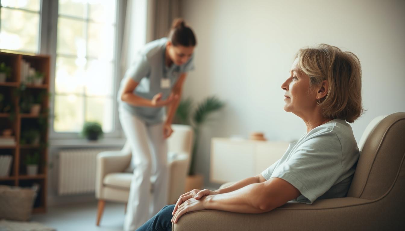 A serene, well-lit therapy room. In the foreground, a patient sits on a comfortable armchair, their expression contemplative yet hopeful. Soft natural light filters through a large window, casting a warm glow on the scene. In the middle ground, a therapist leans forward, their body language conveying empathy and understanding. The background is subtly blurred, drawing the viewer's focus to the central interaction. The overall atmosphere is one of progress, with a sense of calm and personal growth evident in the interaction between patient and therapist.