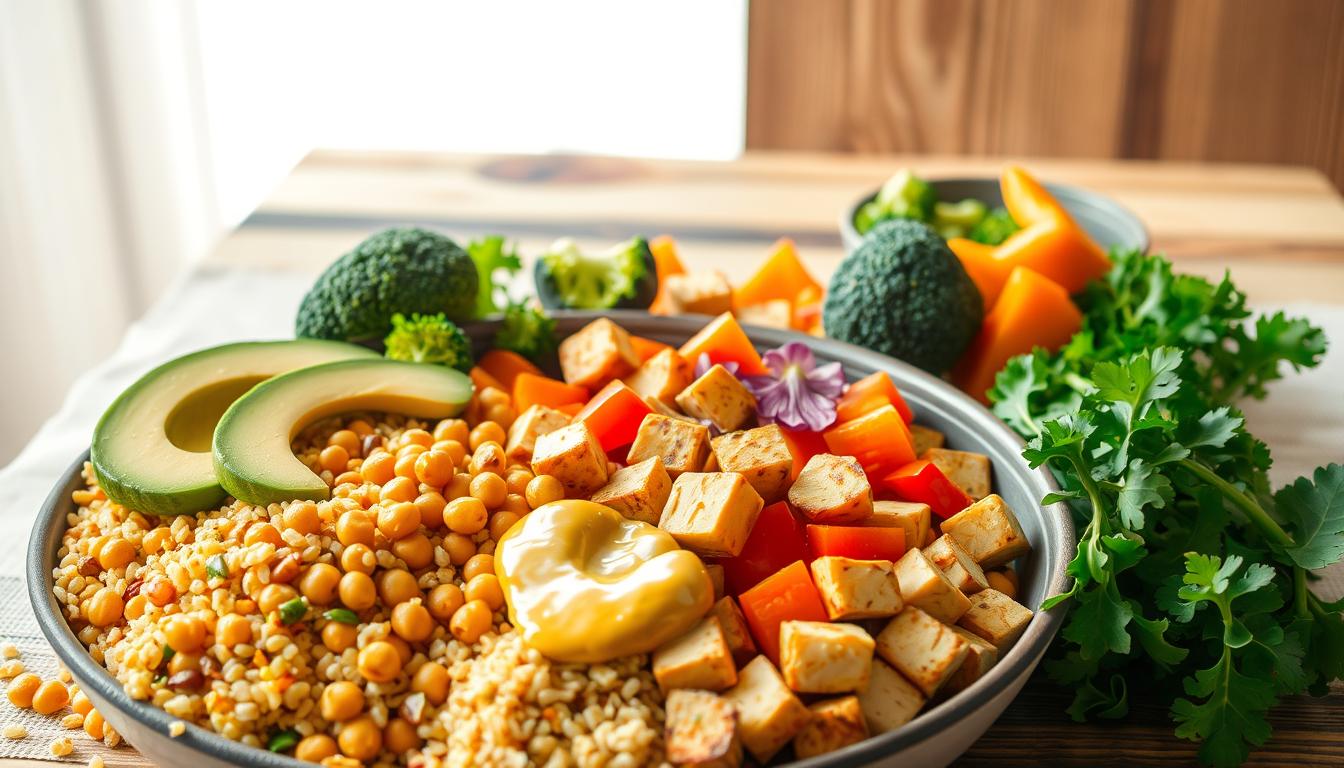 A vibrant and well-lit arrangement of fresh, high-protein vegetarian ingredients for a customizable Buddha bowl. In the foreground, a variety of colorful items including quinoa, roasted chickpeas, avocado slices, sautéed tofu cubes, and a drizzle of creamy turmeric tahini dressing. In the middle ground, an assortment of chopped vegetables such as broccoli, bell peppers, and carrots. In the background, a rustic wooden table with a linen tablecloth, set against a minimalist, light-filled backdrop, creating a warm and inviting atmosphere. The image conveys a sense of balance, nutrition, and the ability to personalize a nourishing Buddha bowl.