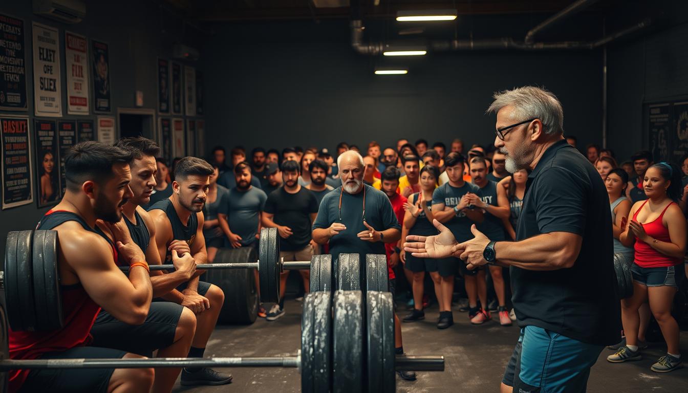 A dimly lit powerlifting gym, its walls lined with motivational posters and chalk-covered equipment. In the foreground, a group of lifters spotting and encouraging each other during a heavy squat set, their faces etched with determination. In the middle ground, a seasoned coach providing feedback and guidance, hands gesturing with a calm, authoritative presence. The background reveals a diverse community of powerlifters, some cheering, others resting between sets, all united by a shared passion for the sport. Soft, warm lighting casts a sense of camaraderie and support, capturing the essence of the powerlifting community.