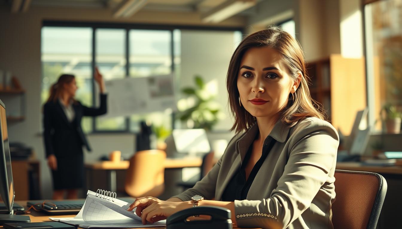 A sun-dappled office scene, with a professional woman seated at a desk, contemplating a calendar and phone. Warm, soft lighting casts a serene ambiance. In the middle ground, a colleague approaches, hand raised in polite request. In the background, the hum of a productive workspace. The woman's expression conveys a gentle, but firm resolve as she prepares to gracefully decline the request, prioritizing her own well-being. Realistic, detailed, cinematic composition.