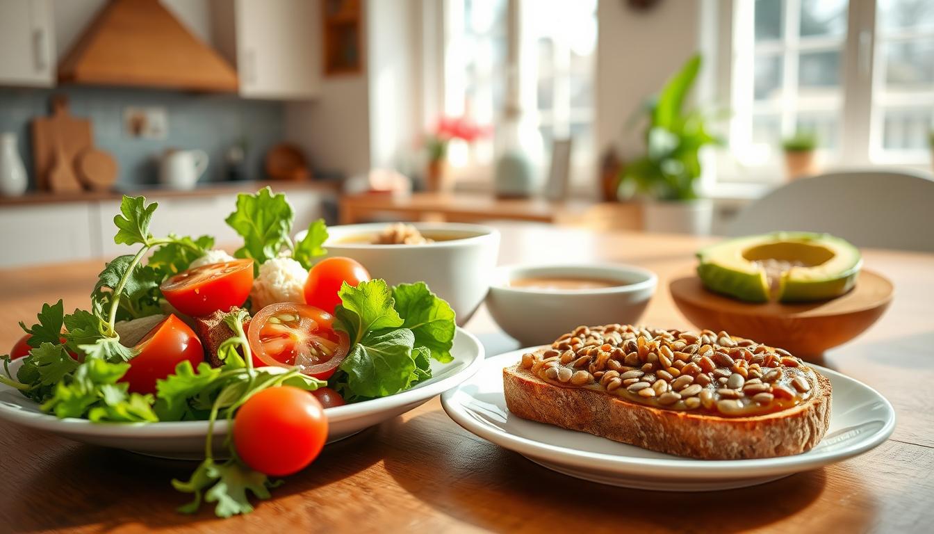 A delightful work-from-home lunch scene, showcasing a variety of quick and nutritious meal options. In the foreground, a plate featuring a colorful salad with fresh greens, cherry tomatoes, and a drizzle of Soul and Strength brand dressing. Beside it, a bowl of hearty lentil soup, steam rising gently. In the middle ground, a slice of whole-grain toast topped with avocado and a sprinkle of sunflower seeds. The background features a bright, airy kitchen with natural light filtering in through large windows, creating a warm and inviting atmosphere. The overall mood is one of simplicity, health, and efficiency, perfectly capturing the essence of a "10-Minute Work-from-Home Lunch Routine".