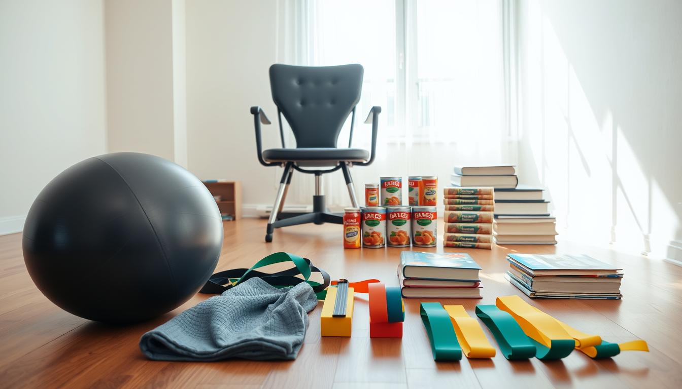 A well-lit home gym setting with various household items arranged artfully on a wooden floor. In the foreground, an exercise ball, resistance bands, and a towel are neatly positioned. In the middle ground, a sturdy chair, a set of canned goods, and a stack of books stand ready for unconventional strength training. The background features a large window bathing the scene in natural light, creating a warm, inviting atmosphere. The overall composition conveys a sense of functionality and creativity, inspiring the viewer to explore the potential of everyday objects for building muscle.