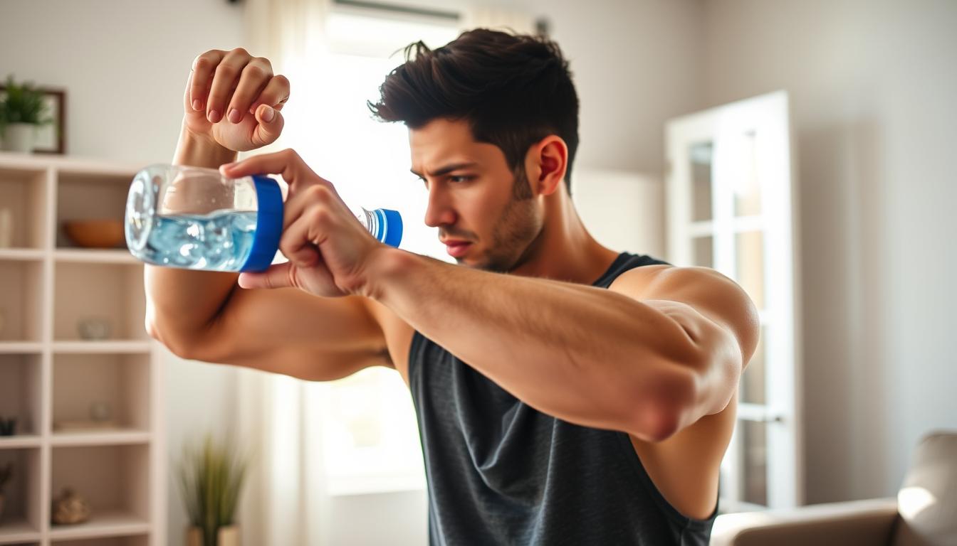Arm development exercises with household items: A well-lit, mid-angle view of a person performing bicep curls using a filled water bottle as resistance. The foreground shows the person's arms in motion, muscles engaged, with a focused expression. The middle ground includes a clean, minimalist home interior setting, highlighting the "anti-gym" approach. The background features natural lighting from a window, casting a soft, warm glow. The overall mood is one of determined, efficient strength training without traditional weights.