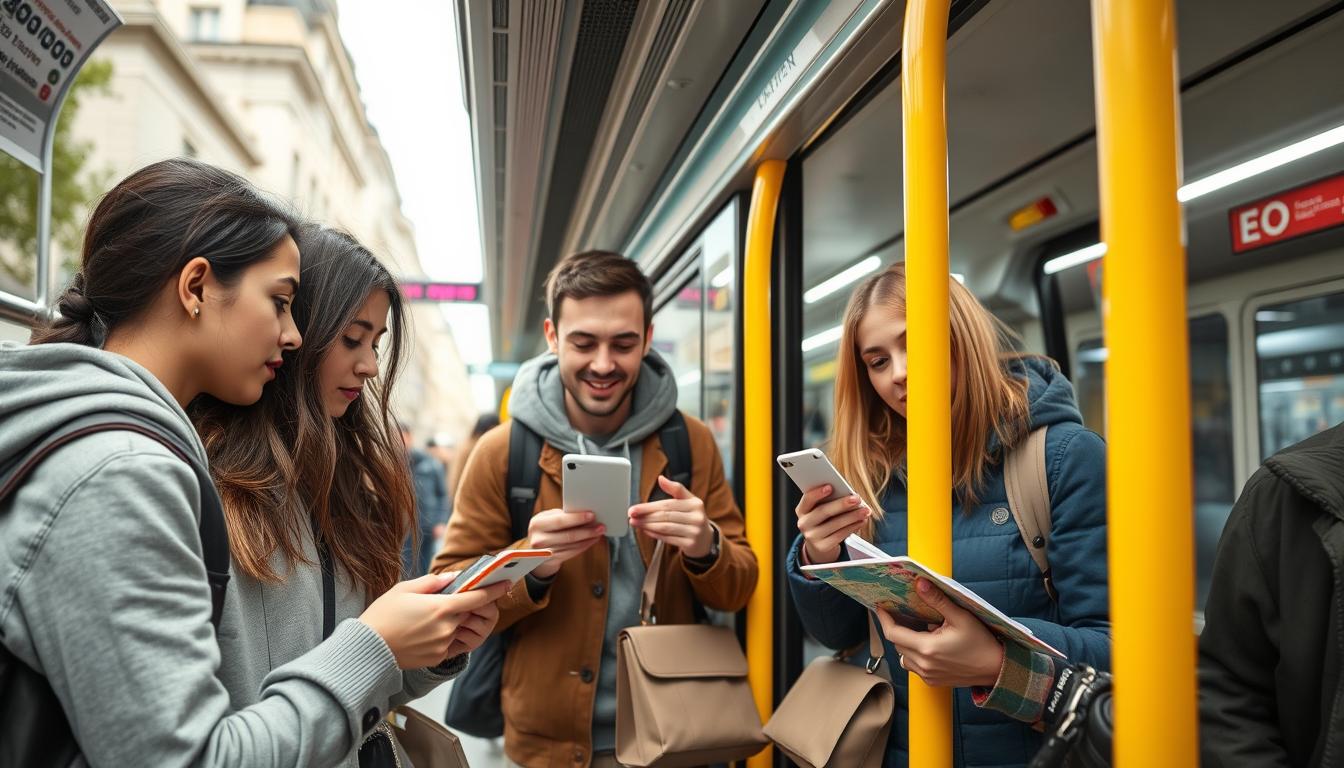 International students using public transportation in a French city