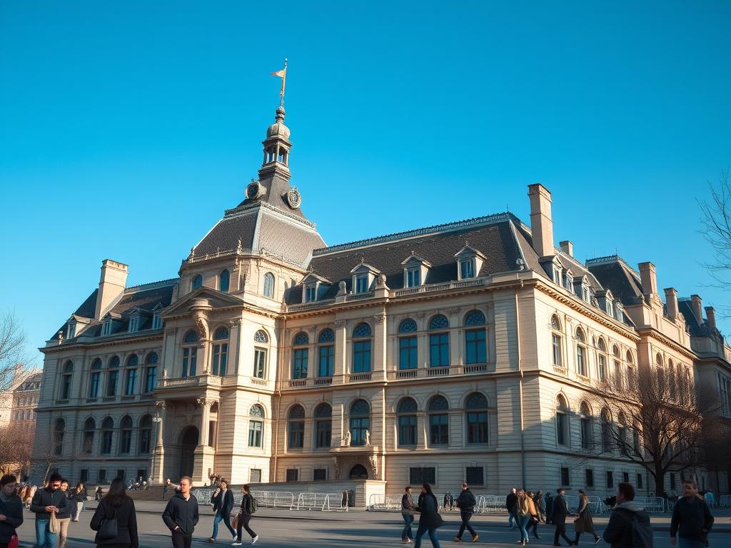 Sorbonne University campus in Paris showing historic architecture and students walking