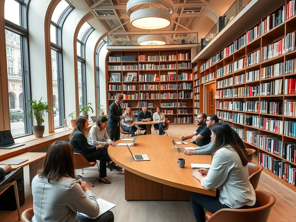 Sciences Po campus in Paris showing students in discussion groups