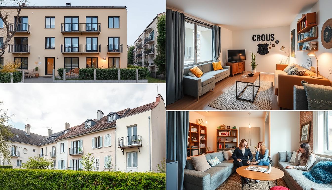 Different types of student accommodation in France showing CROUS residences, private apartments, and shared housing