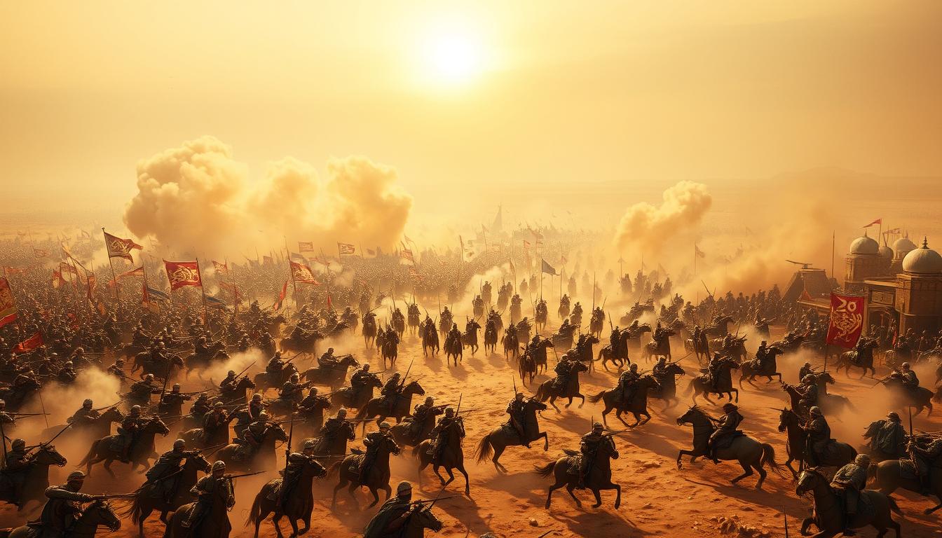 A grand, sweeping battlefield at the Battle of al-Qadisiyyah, 636 CE. In the foreground, the opposing armies clash in an epic confrontation - Sassanid Persians in ornate armor and banners, facing off against the Arab Muslim forces led by the skilled commander Sa'd ibn Abi Waqqas. Billowing clouds of dust and smoke obscure the horizon, as the deafening sounds of swords, spears, and war cries echo across the desert landscape. In the middle ground, cavalry charges charge and counter-charge, while archers and siege engines exchange volleys. The sky above is hazy, with the sun casting a warm, golden glow that bathes the scene in an air of drama and high-stakes drama. The composition emphasizes the scale, intensity, and pivotal importance of this decisive clash that would shape the future of the region.