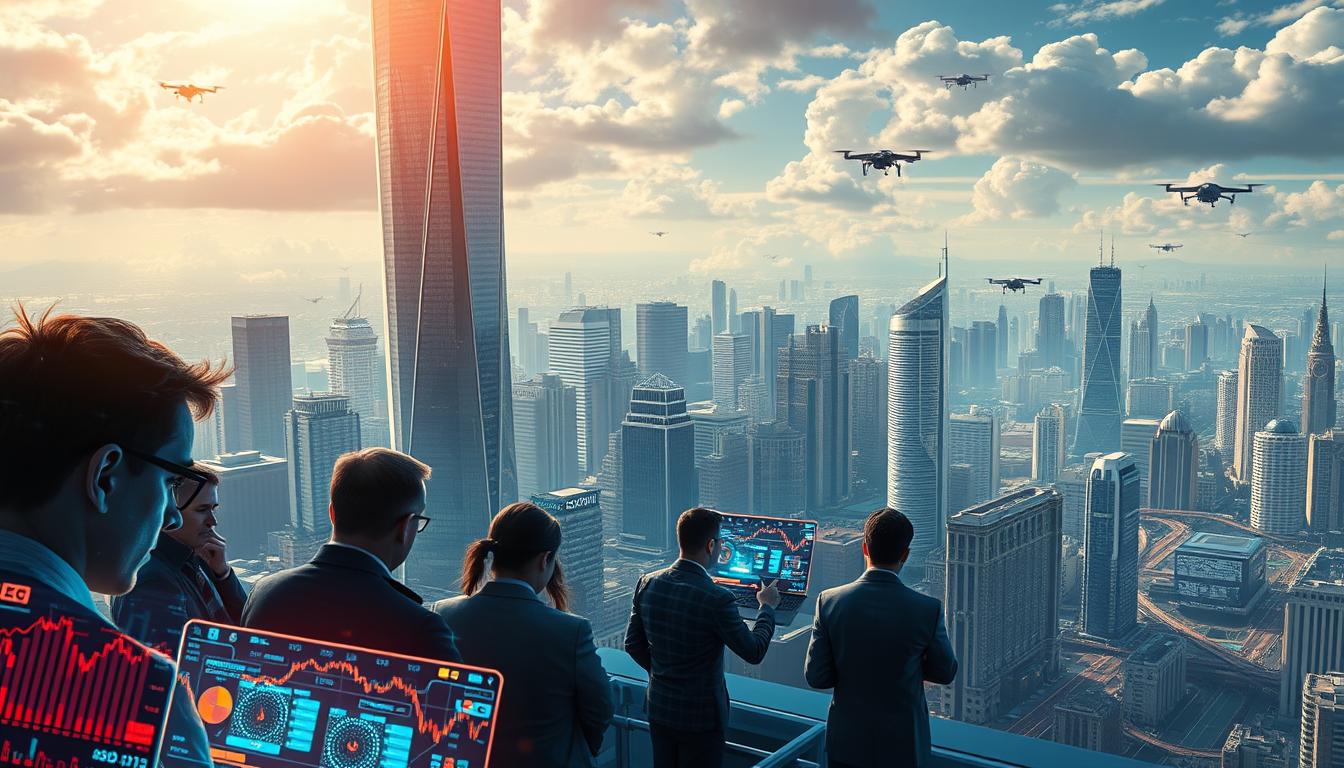 A detailed, futuristic landscape depicting the trends and future of options prop trading. In the foreground, a group of traders intently monitoring holographic financial data displays, their faces illuminated by the glow of cutting-edge analytics tools. In the middle ground, a towering skyscraper housing a state-of-the-art prop trading firm, its sleek, angular design reflecting the cutting edge of the industry. The background is a cityscape of the not-so-distant future, with flying cars, drone deliveries, and seamless connectivity, all powered by the ever-evolving world of options prop trading. Bathed in a warm, optimistic light, the scene conveys a sense of dynamism, innovation, and the boundless potential of this rapidly changing financial landscape.