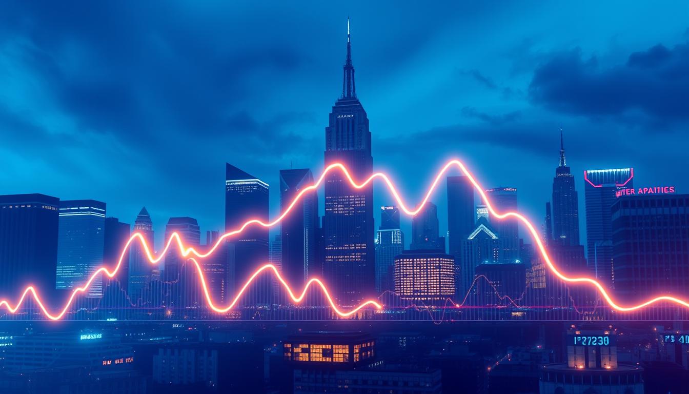 A dynamic and visually striking scene depicting the volatility of stock prices. In the foreground, a towering line graph surges and plummets, capturing the dramatic fluctuations of the market. The graph is rendered in sleek, metallic tones, casting a reflective glow that adds depth and complexity to the image. In the middle ground, a cityscape of skyscrapers and financial institutions stands as a backdrop, hinting at the larger economic forces at play. The scene is bathed in a cool, blue-tinted lighting, creating a sense of tension and uncertainty. The overall composition conveys the unpredictable and often turbulent nature of the stock market, inviting the viewer to contemplate the underlying forces that shape its behavior.