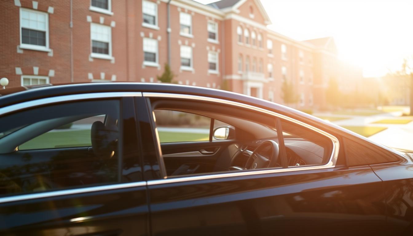 A sleek, modern sedan sits in the foreground, its glossy exterior catching the warm, natural light filtering in from the left. In the background, a row of college buildings in a classic university campus style, with brick facades and manicured lawns. The car's interior is visible through the windows, showcasing a clean, minimalist design. The overall scene conveys a sense of academic achievement and the possibilities that a car grant could unlock for college students, enabling them to commute to campus and explore their surroundings with ease.