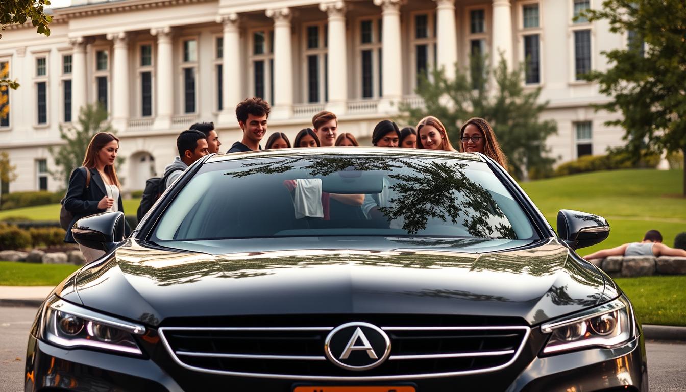 A sleek, modern government-issued car sitting prominently in the foreground, its chrome accents glinting under a warm, diffused light. In the middle ground, a group of diverse college students gathered around the vehicle, expressions of excitement and wonder on their faces as they examine the car. The background features a campus setting, with stately academic buildings and lush greenery framing the scene. The overall atmosphere conveys a sense of opportunity, possibility, and the empowering potential of government-funded initiatives to support higher education.