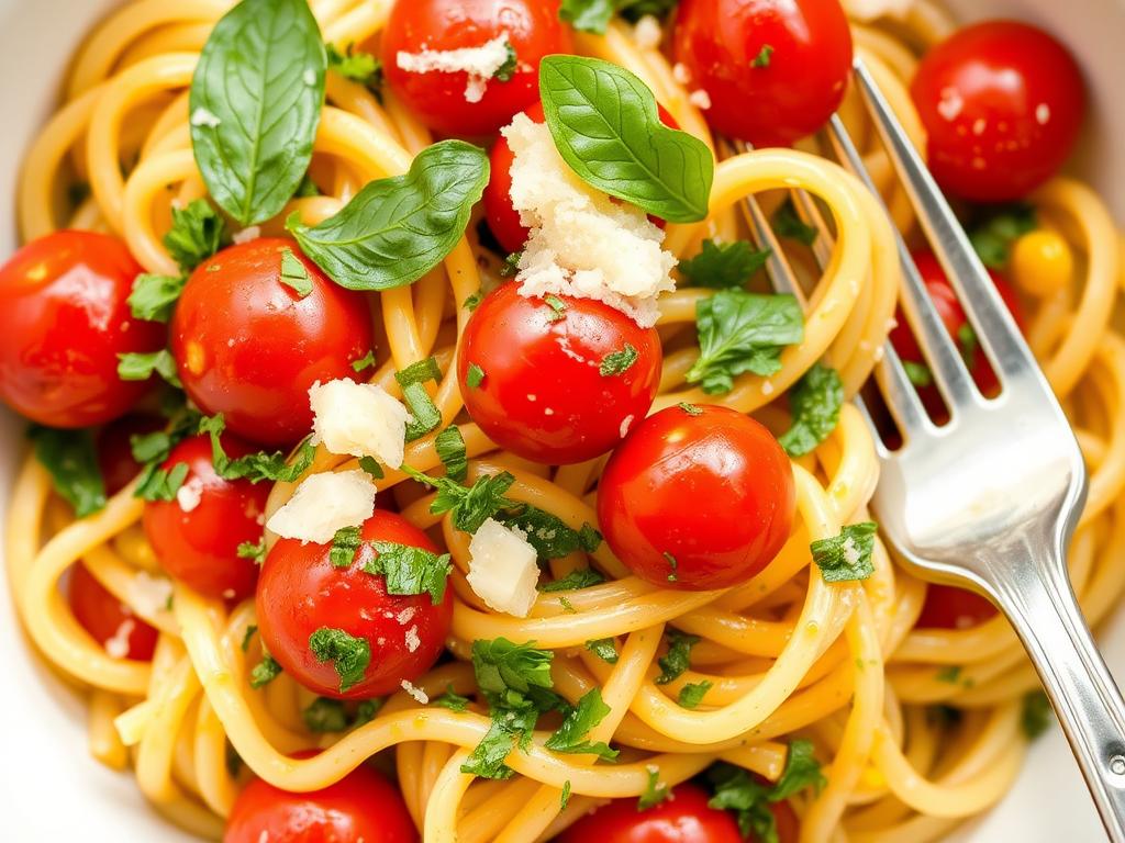 Mediterranean pasta with fresh tomatoes, herbs, and olive oil