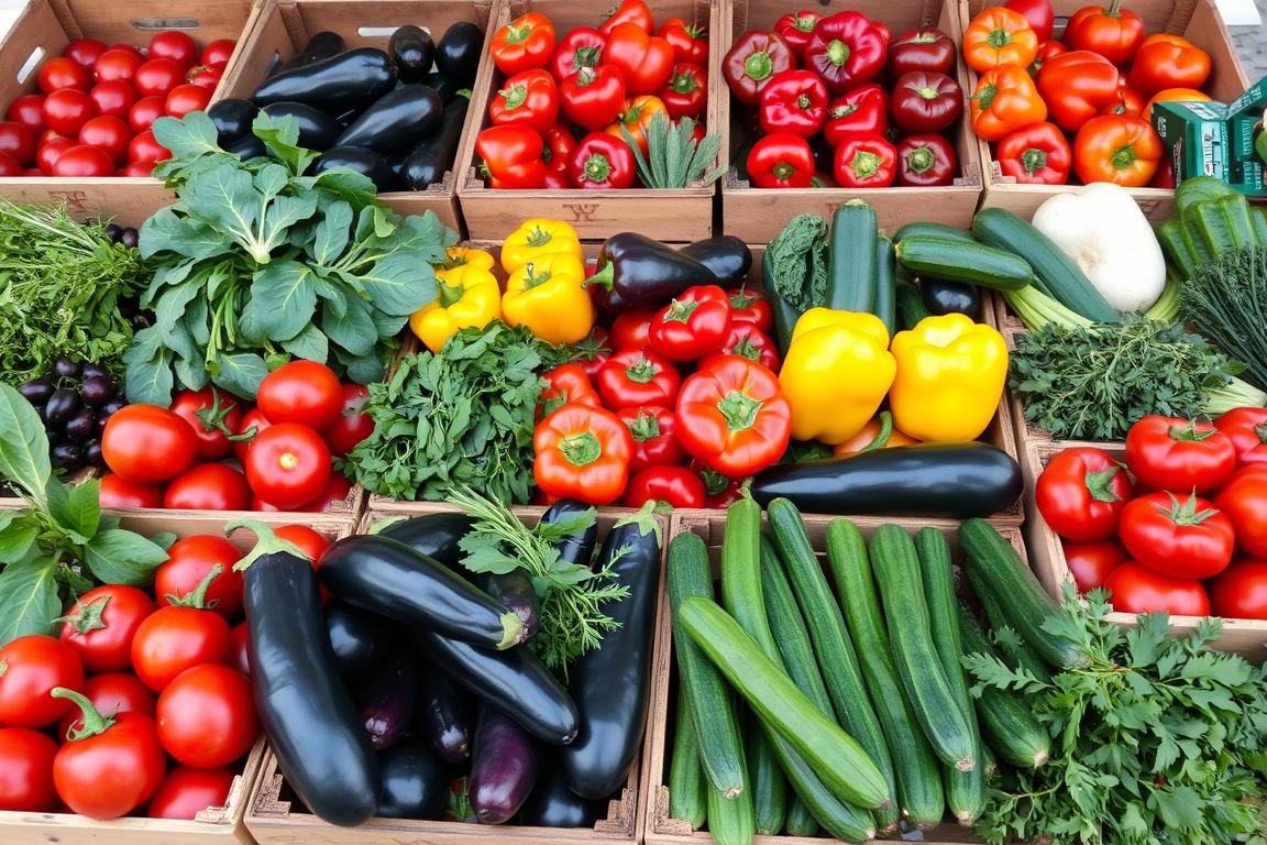 Fresh Mediterranean vegetables including tomatoes, bell peppers, eggplant, and leafy greens
