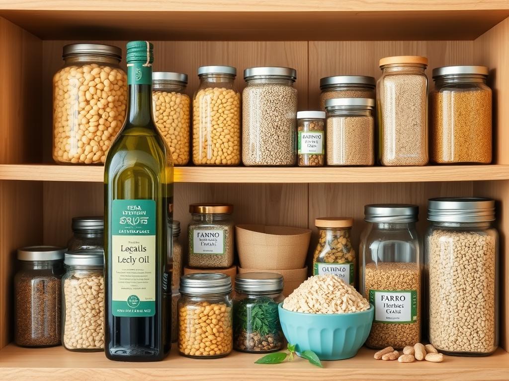 Mediterranean diet pantry staples including olive oil, grains, legumes, and spices