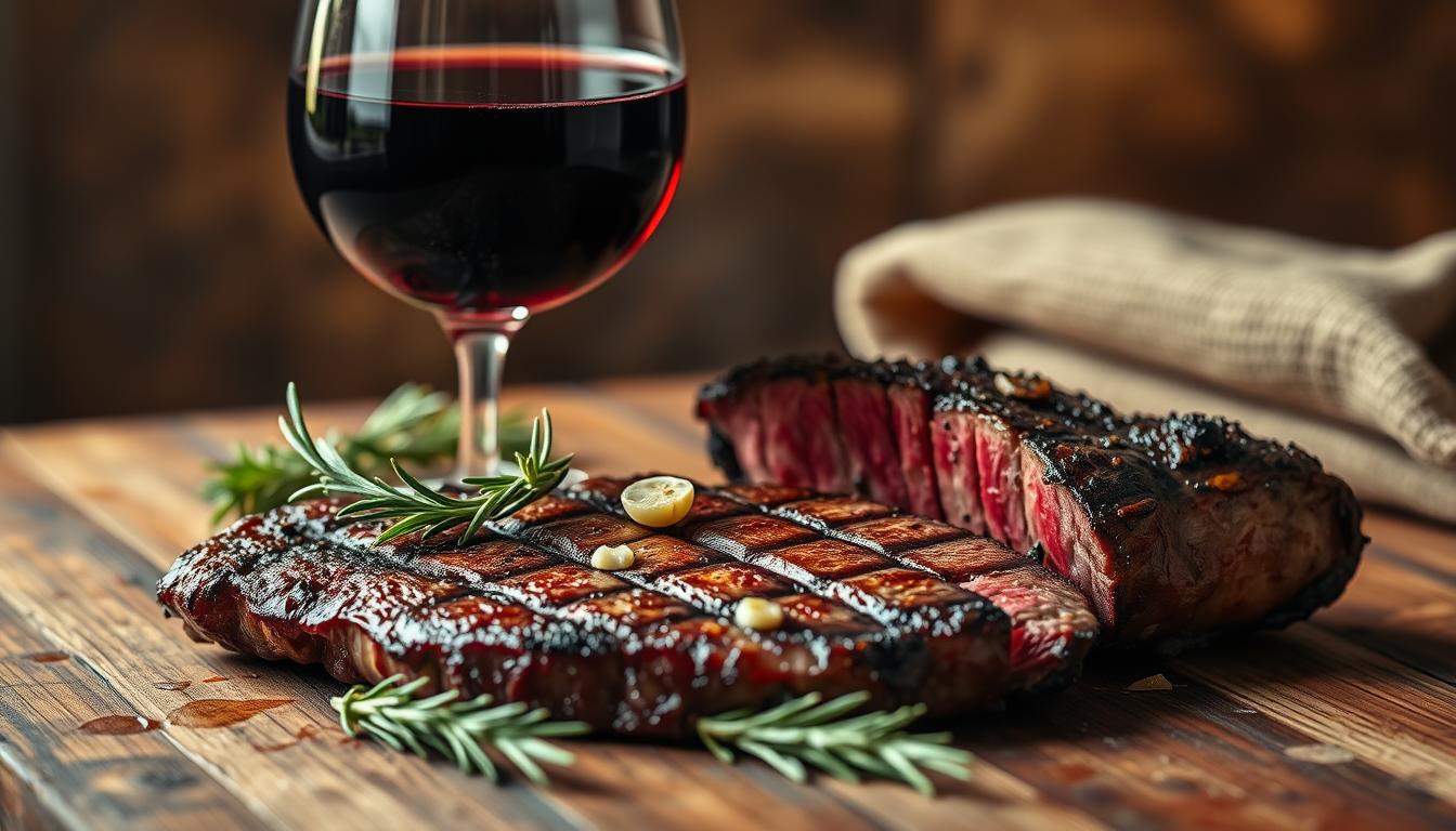 A richly-lit still life capturing a glass of deep red wine paired with a juicy, grilled steak adorned with rosemary and garlic. The steak is set on a wooden table, with a backdrop of earthy tones and textures. The scene is illuminated by a warm, golden light, casting a cozy, inviting atmosphere. The wine glass is positioned prominently, its contents reflecting the crimson hues of the meat. The overall composition suggests the perfect pairing of bold flavors and luxurious indulgence, capturing the essence of an elegant steak dinner.
