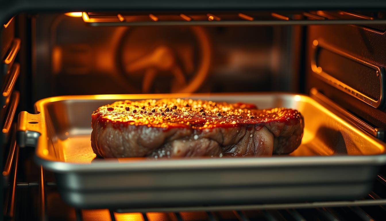 A medium close-up shot of a sirloin steak sizzling in a heavy-duty metal baking tray inside a modern convection oven, the oven door slightly ajar to reveal the steak's surface browning beautifully under the even, golden light. The steak is seasoned with a simple blend of coarse salt and cracked black pepper, and small wisps of aromatic steam are wafting up from the searing meat. The background is blurred, placing the focus squarely on the steak as the star of the scene, with the oven's interior visible in muted tones. The overall mood is one of mouthwatering anticipation and the reliable, time-honored tradition of oven-roasting a hearty cut of beef.