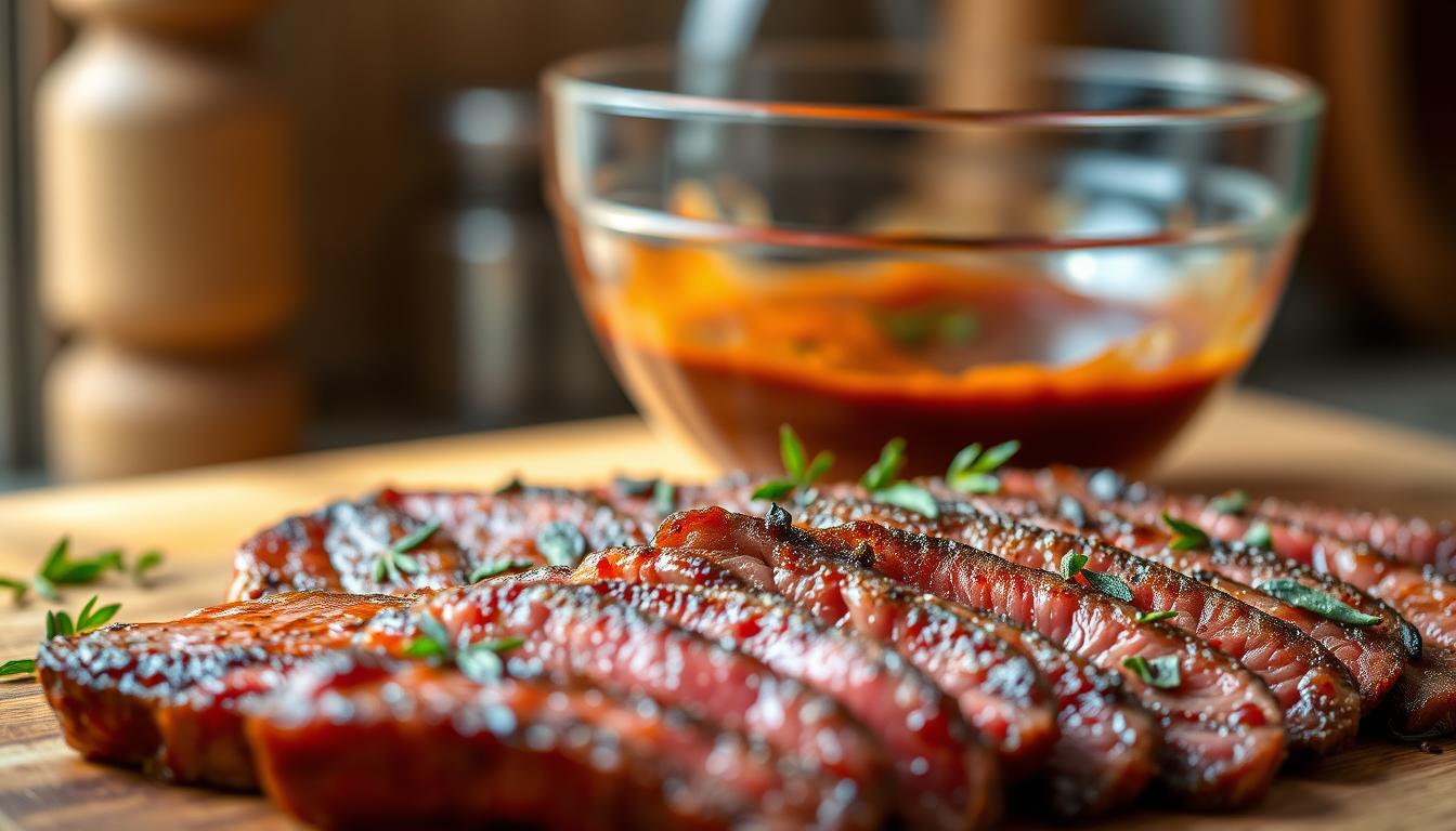 A close-up image of a quick skirt steak marinade, with a mixture of aromatic herbs, spices, and a rich, glossy marinade. In the foreground, the steak slices are arranged on a wooden cutting board, glistening with the marinade. The middle ground features a glass bowl filled with the marinade, showcasing its deep reddish-brown color and silky texture. The background is softly blurred, hinting at a rustic kitchen setting with minimal distractions. The lighting is warm and natural, casting gentle shadows that accentuate the texture of the ingredients. The overall atmosphere conveys a sense of effortless preparation for a last-minute, flavorful meal.