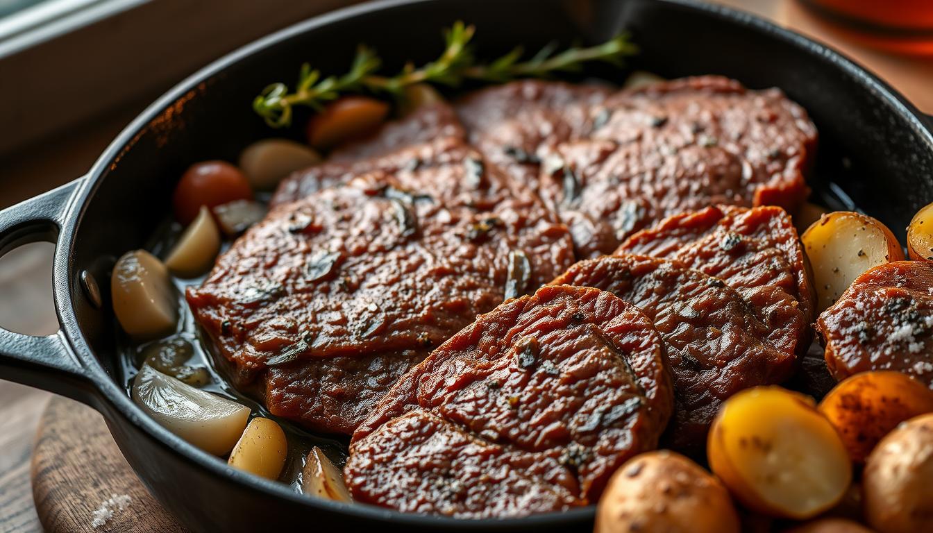 Savory beef liver sizzling in a cast-iron skillet, surrounded by aromatic garlic, onions, and fresh thyme. Crisp edges and a rich, velvety texture, illuminated by warm, golden lighting that casts a cozy glow. Delicate slices arranged on a rustic wooden board, alongside roasted potatoes and a sprinkle of coarse sea salt. A refined and inviting scene, showcasing the humble elegance of this nutritious offal dish, perfect for entertaining discerning guests.