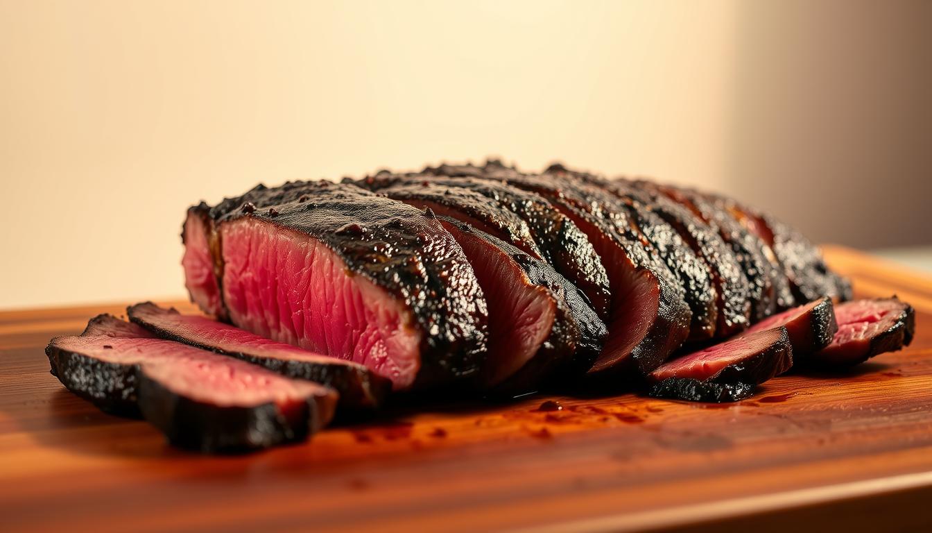 A juicy reverse-seared picanha steak, sizzling with a perfect sear, rests on a wooden cutting board. Thin slices reveal the tender, evenly cooked interior, with a beautifully pink center. Warm lighting casts a gentle glow, highlighting the steak's rich, beefy aroma. The scene is captured with a shallow depth of field, drawing the viewer's attention to the star of the dish. In the background, a simple white wall provides a clean, minimalist backdrop, allowing the picanha to take center stage. This image captures the essence of the reverse-sear technique, showcasing the resulting tender, flavorful steak.