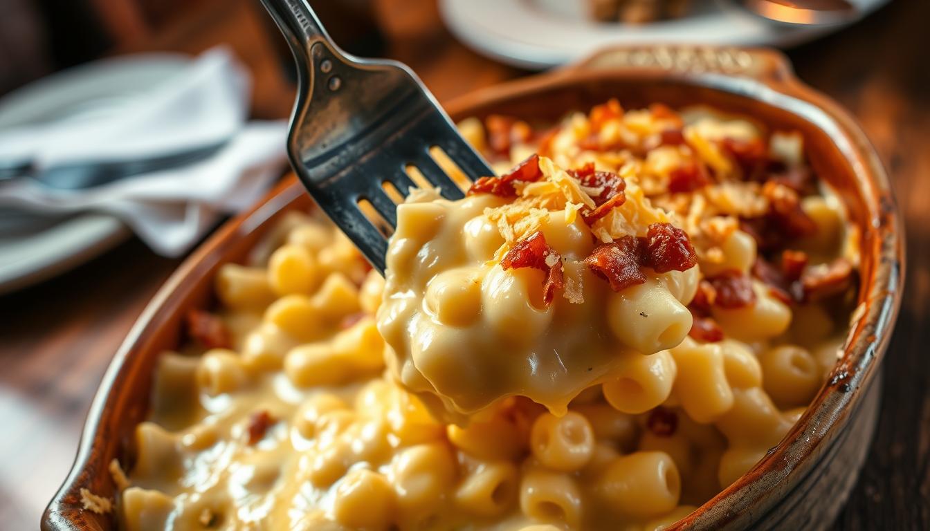 A rich, creamy, and indulgent steakhouse-style mac and cheese side dish, presented in a rustic ceramic baking dish. The foreground features the molten cheese sauce, thick and bubbly, enveloping the perfectly cooked elbow macaroni. Grated sharp cheddar and morsels of crispy bacon adorn the top, casting a golden glow under the warm lighting. The middle ground showcases a heavy, cast-iron fork, poised to dive into the decadent creation. In the background, a wooden tabletop sets the scene, with a hint of a white linen napkin and the edge of a plate, hinting at the larger steakhouse setting. The overall mood is one of comforting indulgence and classic American fare.
