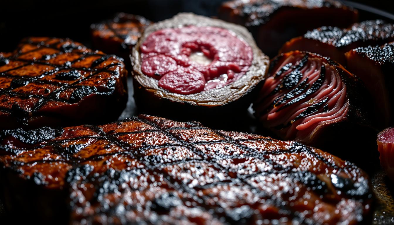 A close-up shot of a picanha steak, showcasing common mistakes made during cooking. The foreground features the picanha, overcooked and dried out, with visible overcropping and uneven searing. The middle ground shows a picanha cooked too rare, with a raw center and a charred exterior. In the background, a picanha is unevenly sliced, revealing an uneven doneness throughout. The lighting is harsh, casting shadows that highlight the flaws. The overall mood is one of culinary disappointment, guiding the viewer to avoid these pitfalls when preparing the perfect picanha steak.