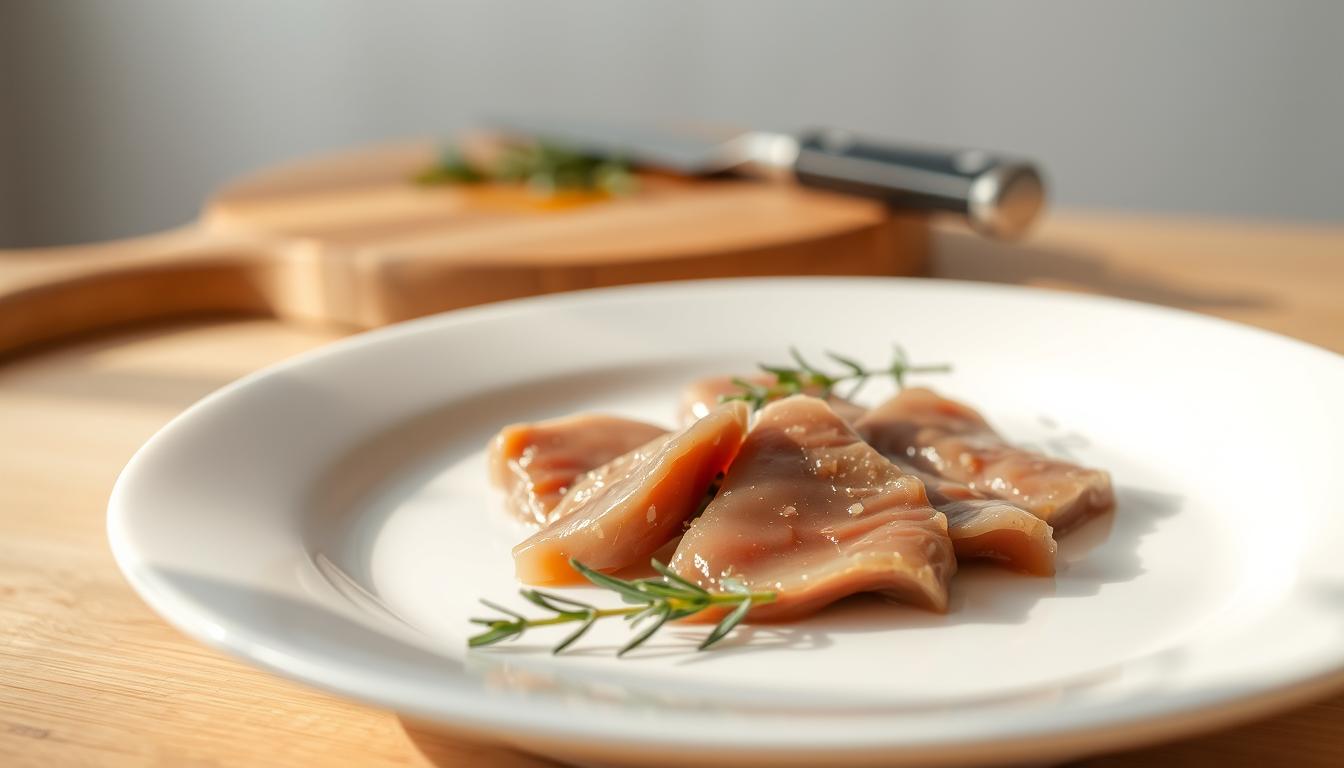 Delicate calf liver, its silky texture and soft hue, bathed in a warm glow. A pristine white plate in the foreground, the liver laid out in an elegant arrangement, accented by a sprig of fresh thyme. In the middle ground, a wooden cutting board and a sharp chef's knife, hinting at the preparation process. The background subtly blurred, a neutral tone that allows the liver to take center stage, its delicacy and refinement shining through. Crisp, natural lighting casts gentle shadows, emphasizing the liver's tender nature. An intimate, cozy atmosphere, inviting the viewer to savor this exquisite culinary delight.