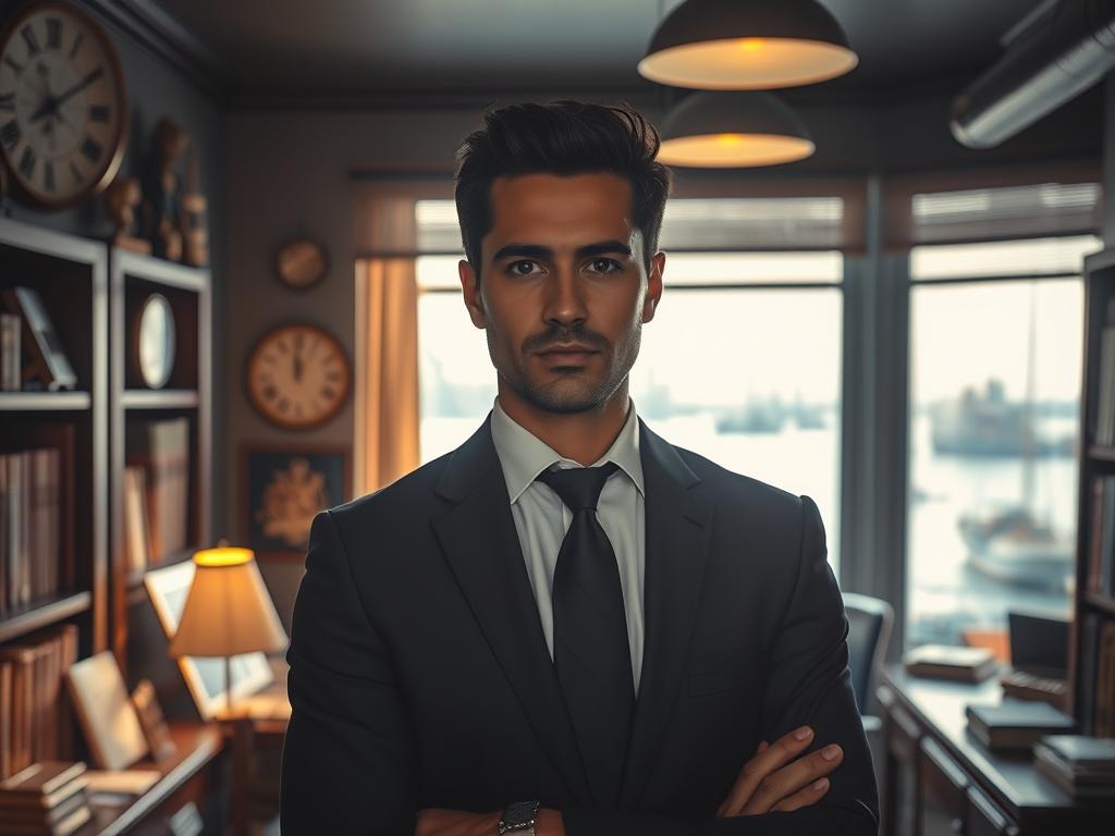 A professional maritime injury lawyer stands confidently in a dimly lit office, surrounded by nautical memorabilia and law books. Warm lighting casts a pensive glow, highlighting the lawyer's sharp features and focused expression. The scene is captured through a wide-angle lens, creating a sense of depth and authority. In the background, a large window overlooks a bustling harbor, with ships and sailboats gently rocking on the waves. The overall atmosphere conveys a sense of expertise, dedication, and the lawyer's commitment to securing the best possible outcome for their clients.