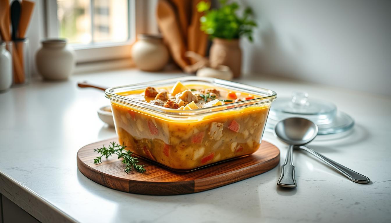 Chicken And Sausage Soup: How To Make Creamy Comfort 2 A neatly organized kitchen counter, with a glass storage container filled with steaming chicken sausage soup. The container is placed on a wooden cutting board, surrounded by a few fresh herbs, a ladle, and a spoon. Soft, natural lighting filters in from a nearby window, casting a warm glow on the scene. The atmosphere is cozy and inviting, evoking the comfort of a well-made, homey meal. The camera angle is slightly elevated, providing a clear view of the contents and presentation of the soup storage.