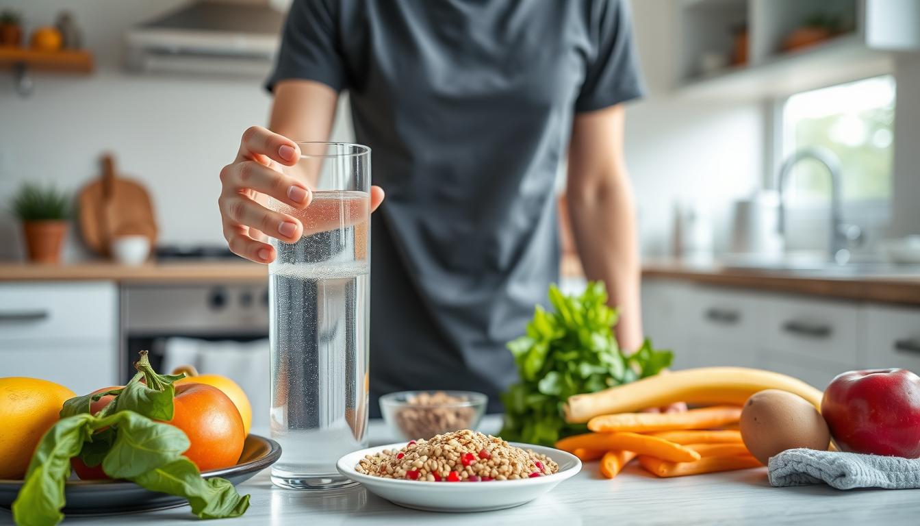 Person drinking water and eating healthy foods to prepare for colon hydrotherapy