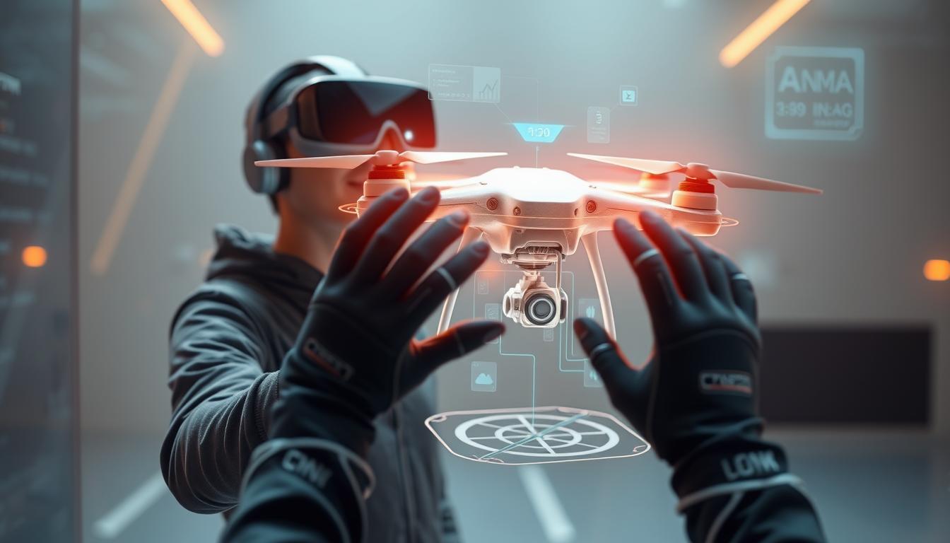 未来无人机模拟技术概念图,展示VR/AR集成和AI辅助训练