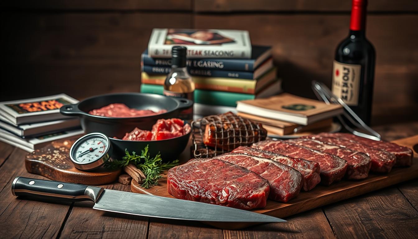 A high-quality still life of various steak-related resources and accessories arranged on a rustic wooden surface. In the foreground, a selection of premium beef cuts, a meat thermometer, and a steak knife. In the middle ground, a cast-iron skillet, a bottle of specialty steak seasoning, and a stack of recipe books. In the background, a charcoal grill, tongs, and a bottle of red wine. Warm, directional lighting casts dramatic shadows, creating a cozy and inviting atmosphere. The overall composition conveys a sense of culinary expertise and passion for the art of steak preparation.