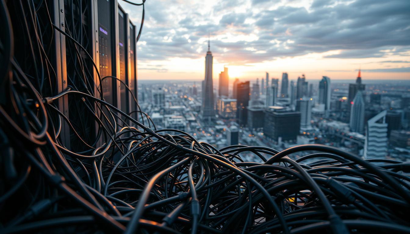 A complex web of interlocking challenges, &quot;तकनीकी चुनौतियां&quot; unfolds against a backdrop of sleek, metallic machinery. In the foreground, a tangle of cables and circuits, their intricate pathways illuminated by a soft, ambient glow. The midground reveals a towering server rack, its blinking lights and whirring fans a symphony of digital progress. In the distance, a panoramic view of a bustling tech hub, skyscrapers reaching towards the sky, their facades shimmering under the warm hues of a setting sun. The scene conveys a sense of both the power and the complexity inherent in the adoption of cutting-edge technologies, inviting the viewer to explore the challenges and solutions that lie at the heart of this digital transformation.