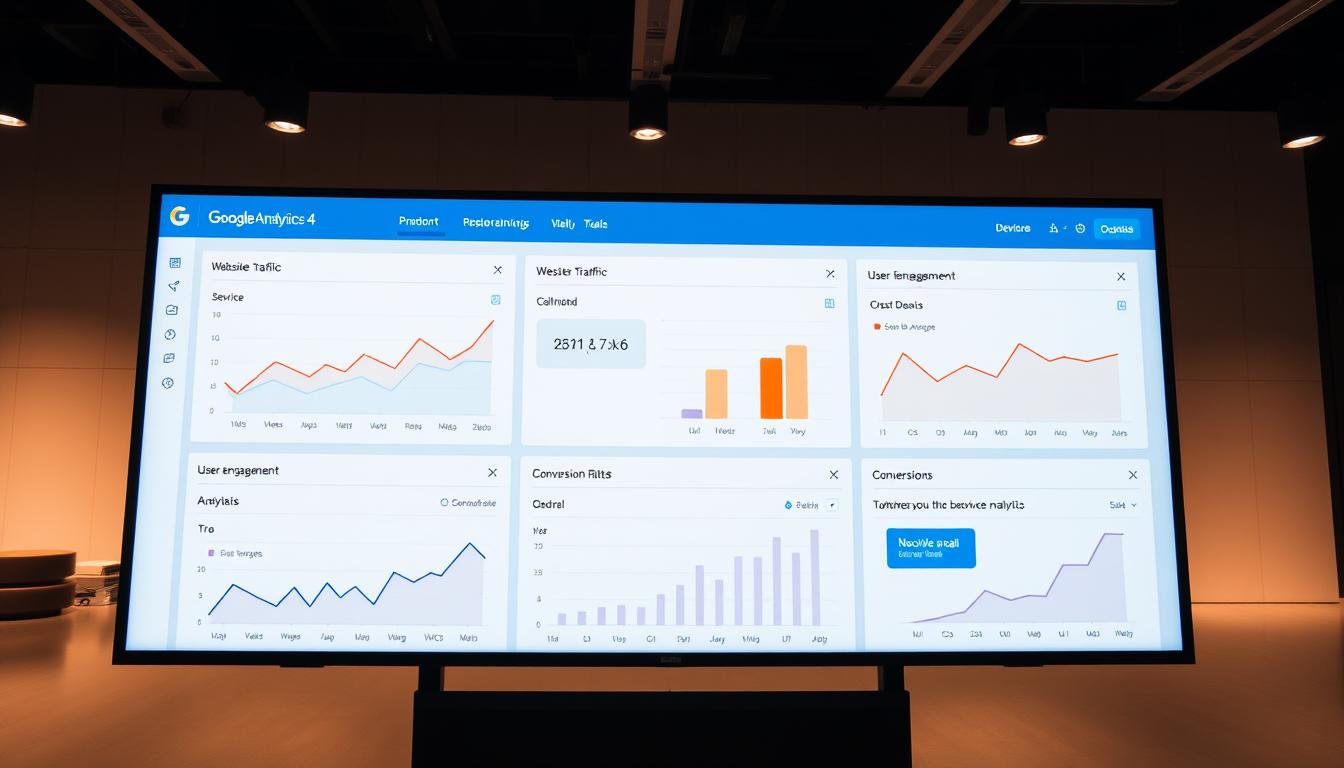 A modern, clean, and visually appealing Google Analytics 4 (GA4) dashboard presented on a large, high-resolution display. The dashboard showcases key performance metrics such as website traffic, user engagement, and conversion rates, all displayed in an intuitive and well-organized layout. The interface features a minimalist design with subtle color accents, clear data visualizations, and responsive, interactive elements. The overall atmosphere is one of professionalism, efficiency, and data-driven decision-making, reflecting the importance of GA4 in digital marketing strategies.