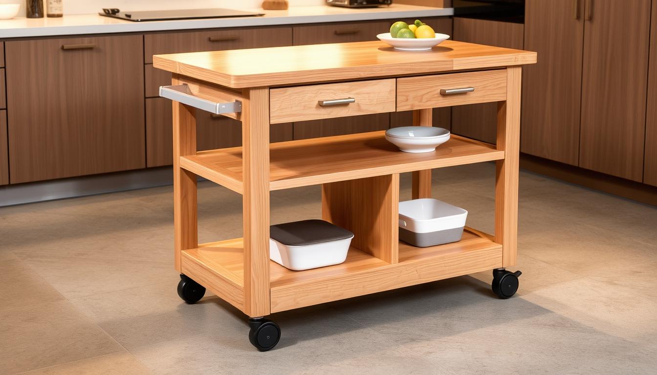 A sleek and modern rolling kitchen island, its smooth wooden surface gleaming under soft, warm lighting. The island features multiple levels, with a lower shelf for storage and a slightly raised countertop, perfect for meal prep or casual dining. Sturdy casters allow the island to be easily maneuvered, while a clean, minimalist design seamlessly integrates it into the surrounding kitchen. Streamlined drawers and shelves provide ample space for storing cooking utensils, spices, and other essentials, making this rolling island a highly functional and versatile addition to any compact or modern kitchen.