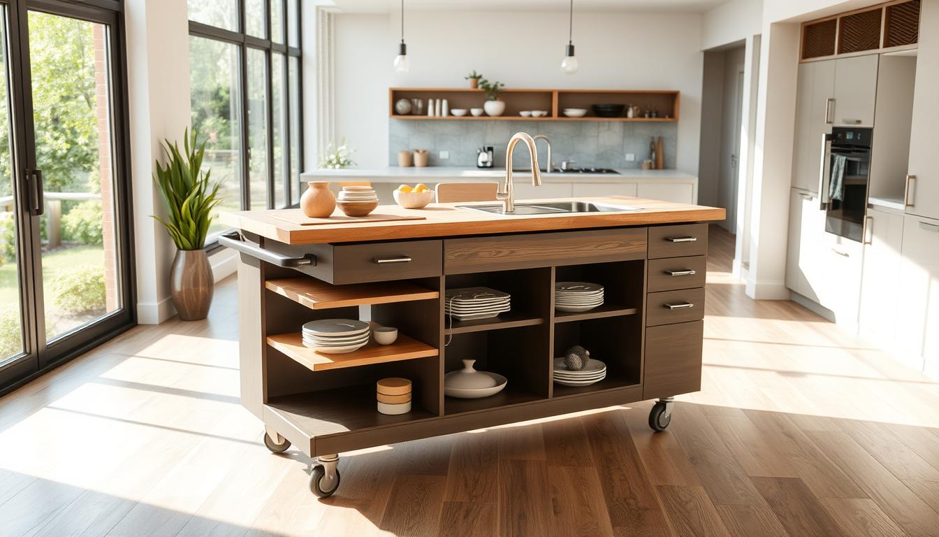 A modern, multifunctional rolling kitchen island with a sleek, minimalist design. The island features a large, wooden countertop with integrated storage compartments, a built-in chopping board, and a small sink. The island is on casters, allowing it to be easily moved around the kitchen as needed. The middle section has shelves for storing frequently used items, while the ends have drawers for additional storage. The island is positioned in a well-lit, airy kitchen with large windows, allowing natural light to pour in and illuminate the space. The overall aesthetic is clean, contemporary, and designed to maximize functionality and efficiency in a compact kitchen.