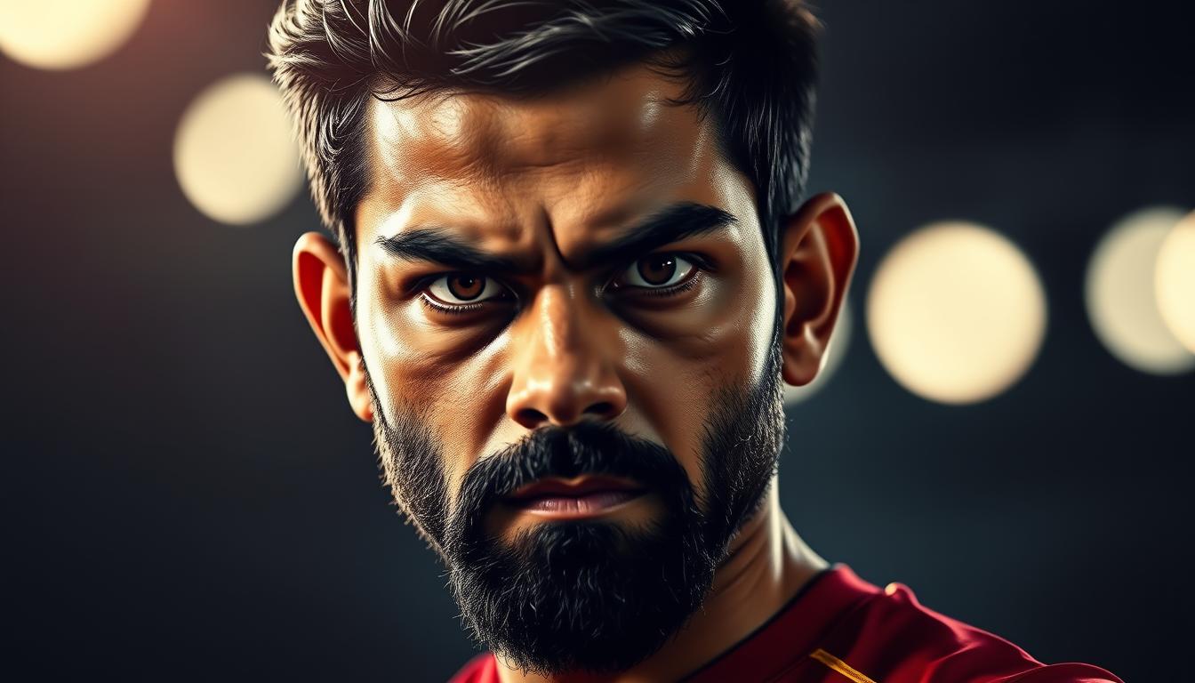 A high-resolution, dynamic portrait of Virat Kohli, the captain of the Royal Challengers Bangalore cricket team, as he strategizes and leads his team. Kohli is depicted in a confident, authoritative pose, his face showing intensity and determination. The lighting is dramatic, with shadows and highlights emphasizing his strong features. The background is blurred, placing the focus squarely on Kohli's penetrating gaze and resolute expression, conveying his vision and leadership for the upcoming IPL season. The overall mood is one of strategic focus, ambition, and unwavering commitment to success.