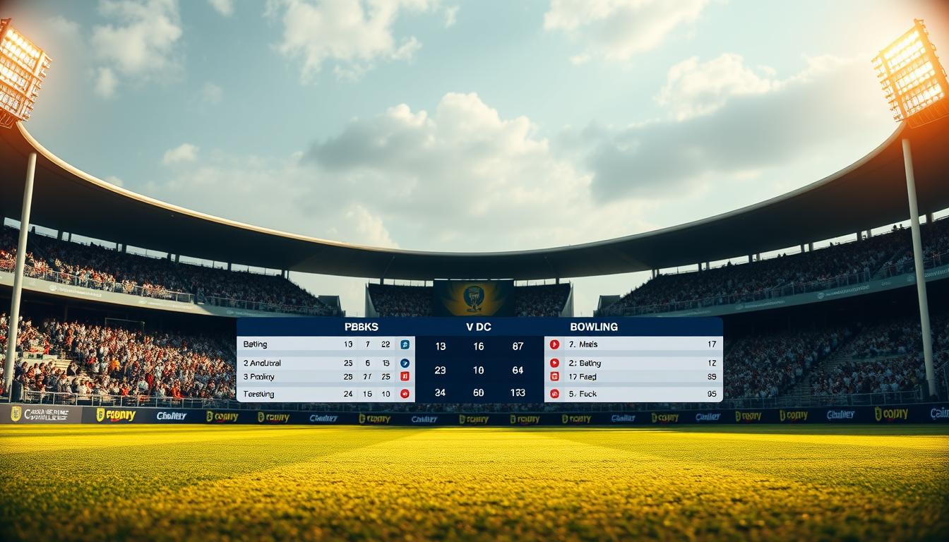 A cricket pitch in the foreground, with a detailed scoreboard displaying player stats for the PBKS vs DC match. The scoreboard features visuals like bar graphs, numeric data, and icons representing different batting and bowling stats. Behind the pitch, a stadium filled with cheering fans, captured in a dynamic and cinematic wide-angle shot. Warm, natural lighting illuminates the scene, creating a sense of energy and excitement. The overall composition conveys the tension and drama of the high-stakes cricket match.