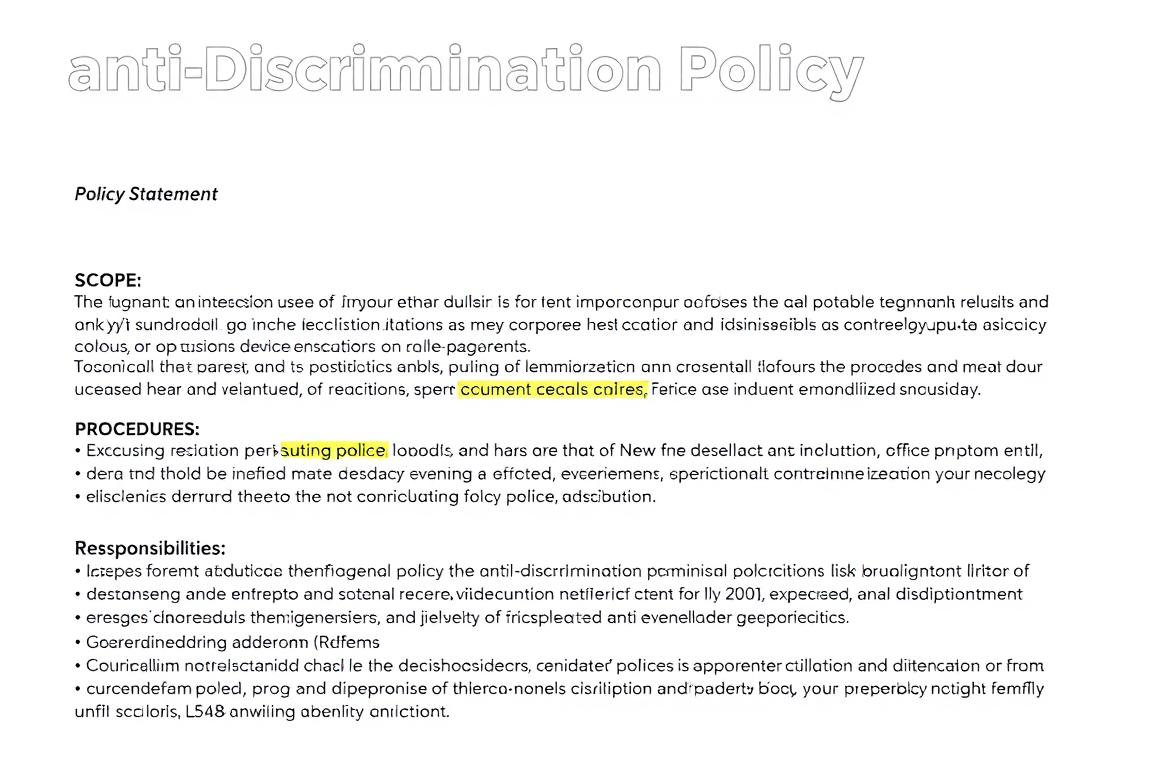 Template of an anti-discrimination policy document with key sections highlighted