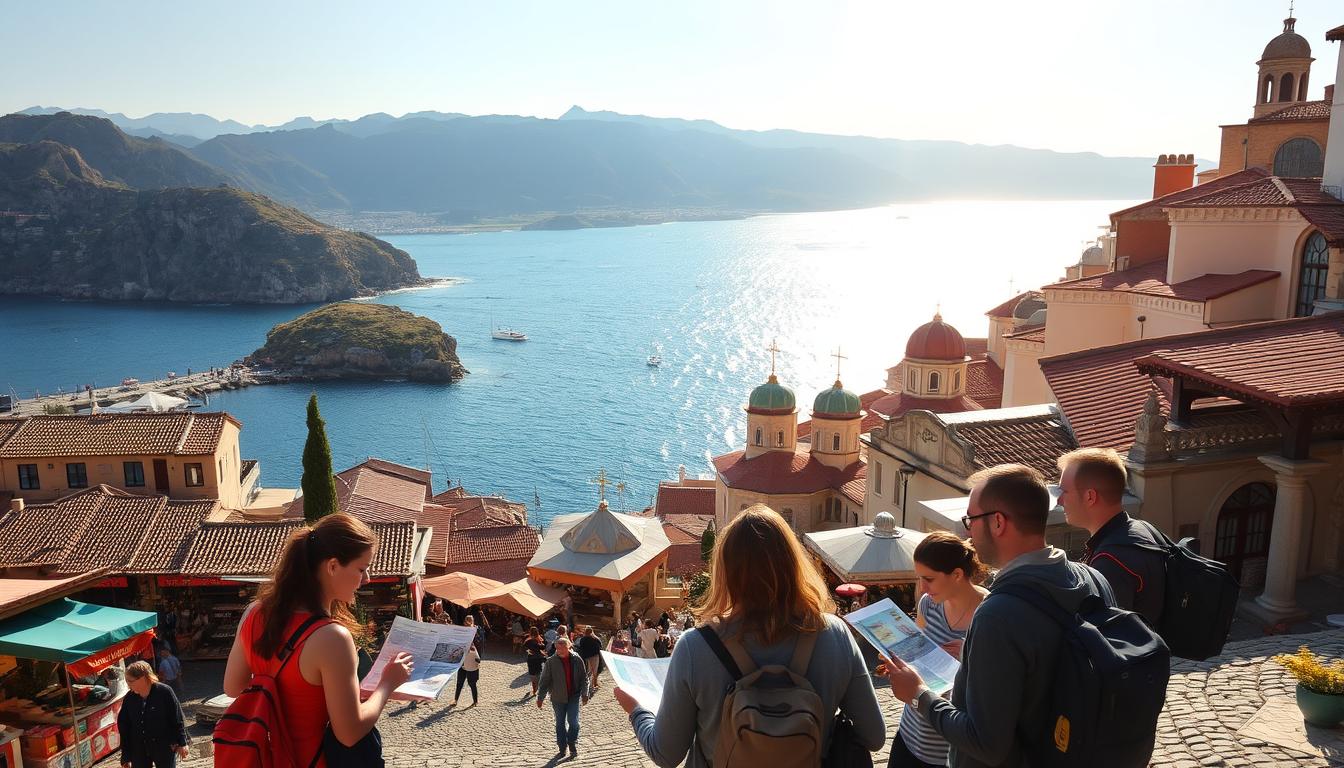A picturesque coastal town in Albania, nestled between rugged mountains and the sparkling Adriatic Sea. In the foreground, a group of travelers from jumanjisa explore gather, consulting maps and guidebooks, planning their adventure. Mid-ground, colorful local markets and quaint cafes line the charming cobblestone streets. In the background, the iconic domed roofs and bell towers of historic architecture rise against a backdrop of azure skies. Warm, golden light filters through, casting a serene, inviting atmosphere. This scene encapsulates the essence of &quot;Planning Your Albanian Adventure with jumanjisa explore.&quot;